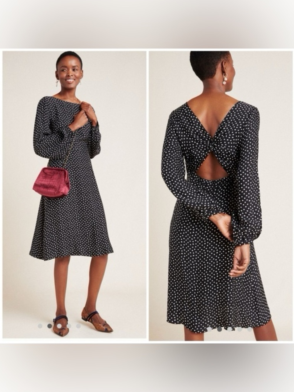 Anthropologie Polka Dot Long-Sleeve Midi Dress with Twist Back - Black/White 12